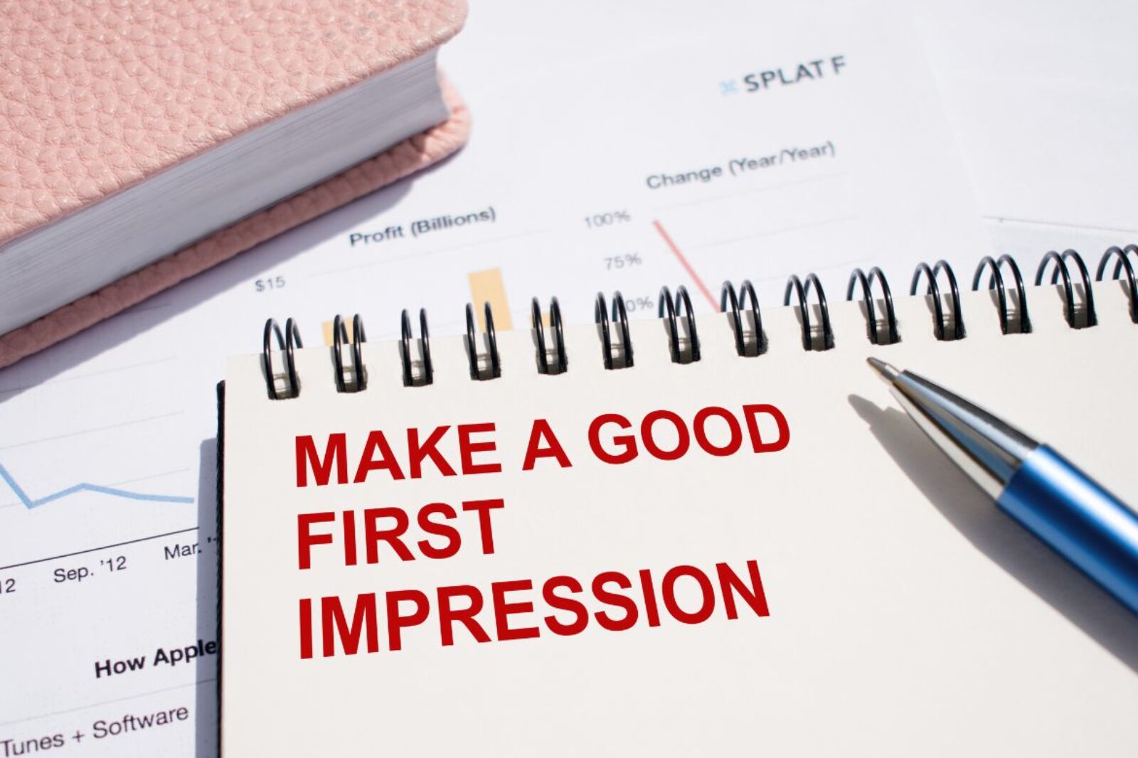 notebook with text "make a good first impression"